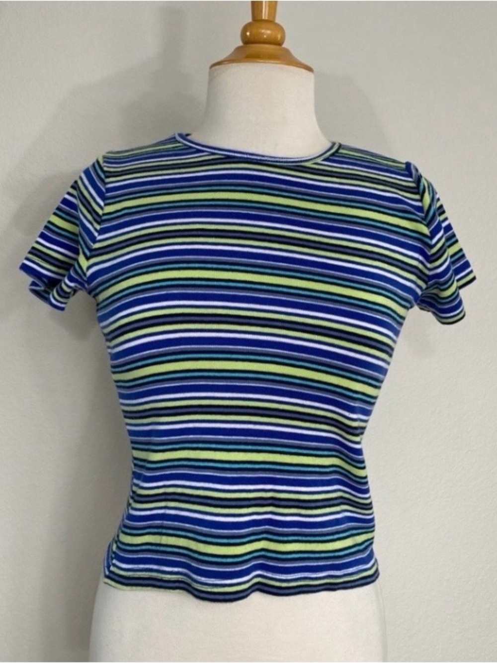 Vintage 90's Limited Too Blue Lime White Crew Ribbed Cotton T-Shirt Size Large